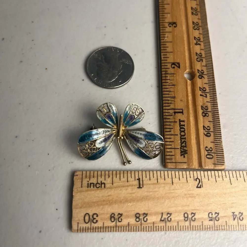 Vintage 800 Silver Filigree Enamel Butterfly Brooch Pin Blue Purple Gold Tone